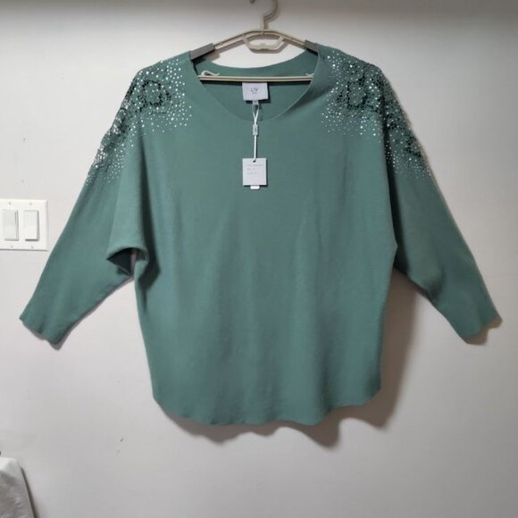 NWT LIV Milano Embroidered Studded Fairy Lagenlook Artsey Sweater Sage Green 3X - Picture 2 of 10